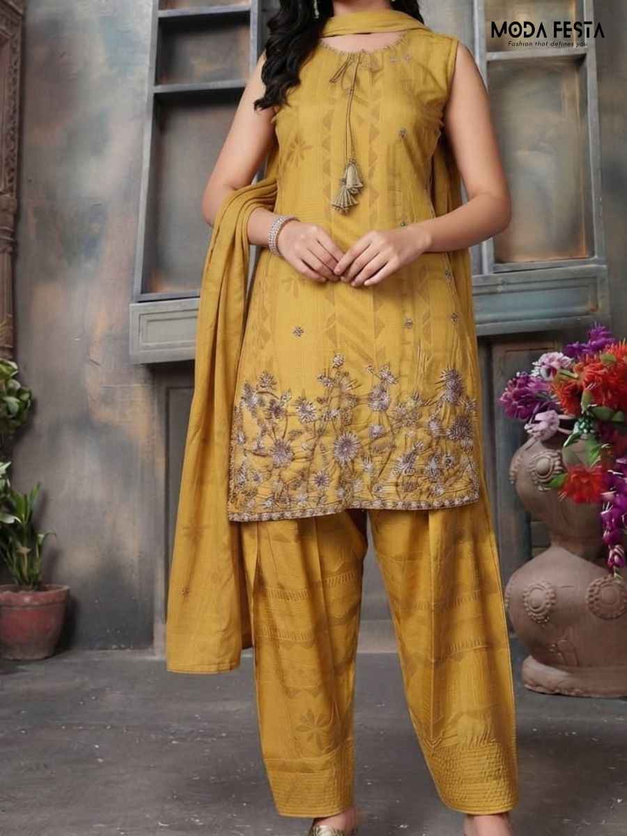 Yellow Salwar Set Crafted from lightweight chiffon fabric featuring subtle all-over traditional prints this sleeveless ensemble includes a chic knee-length tunic with an embellished neckline elegant tassel drawstrings and exquisite floral embroidery along