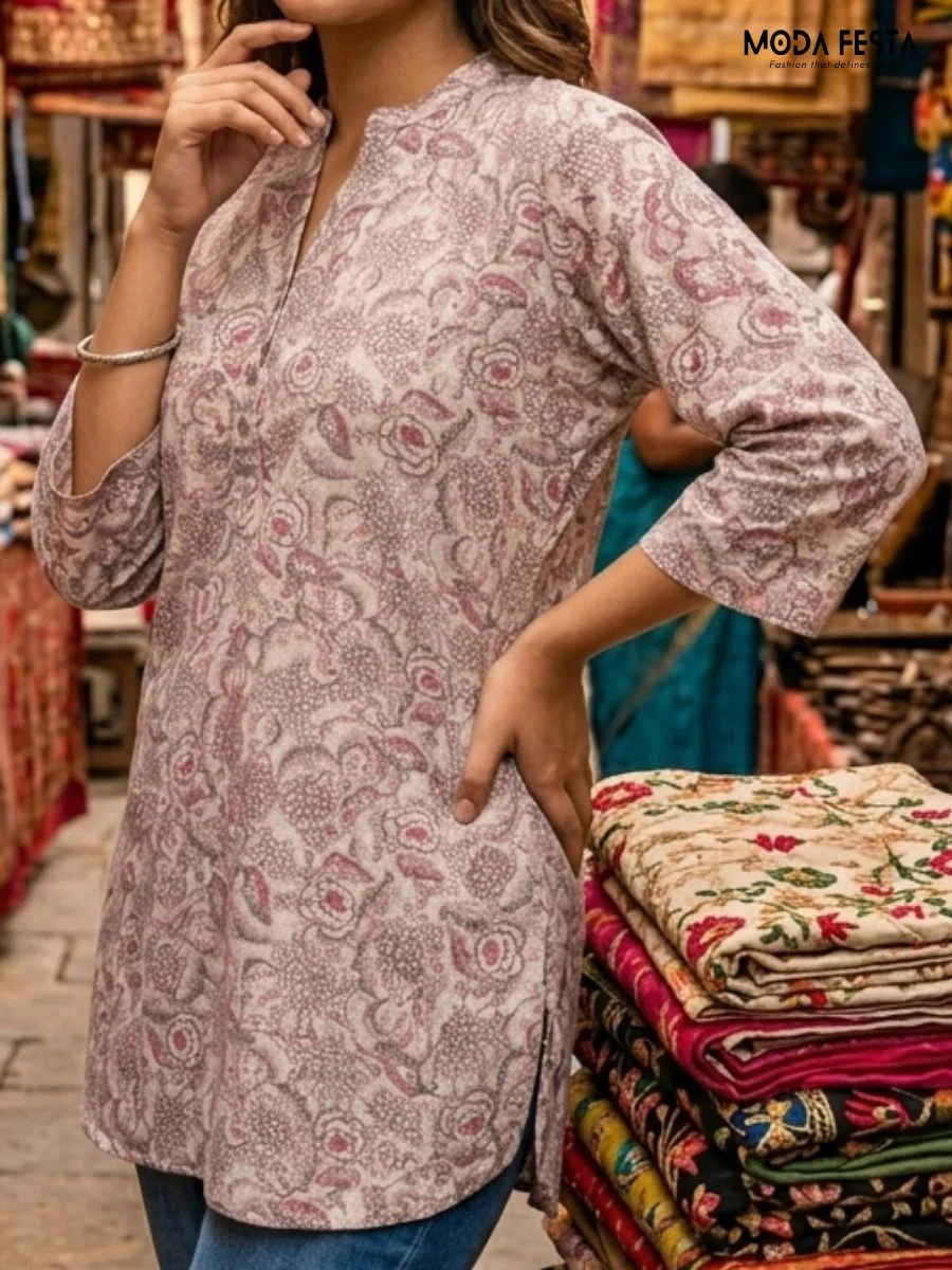 This soft-toned kurti features an intricate, all-over floral pattern, offering a delicate and graceful aesthetic perfect for effortless everyday styling.