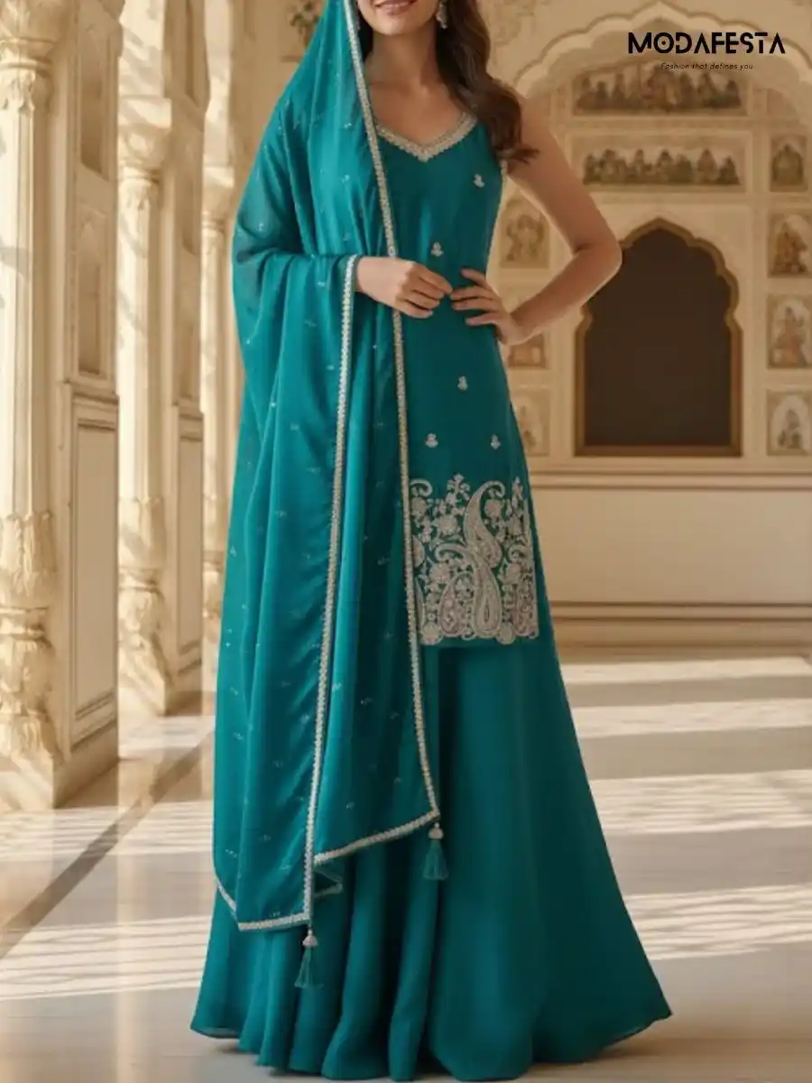 Beige & Teal Plazo Set with bottom keri work L 7047