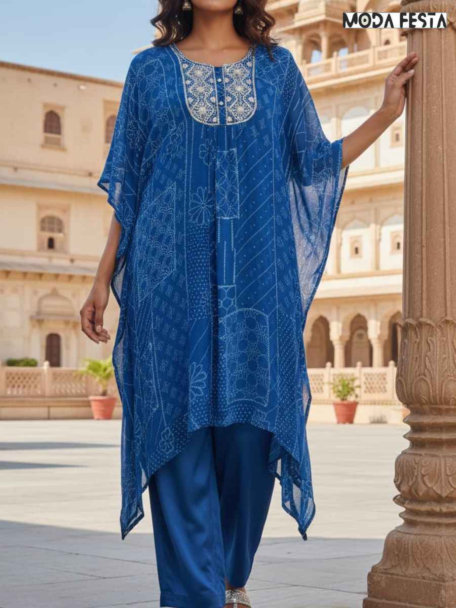 Blue kaftan style bandhani