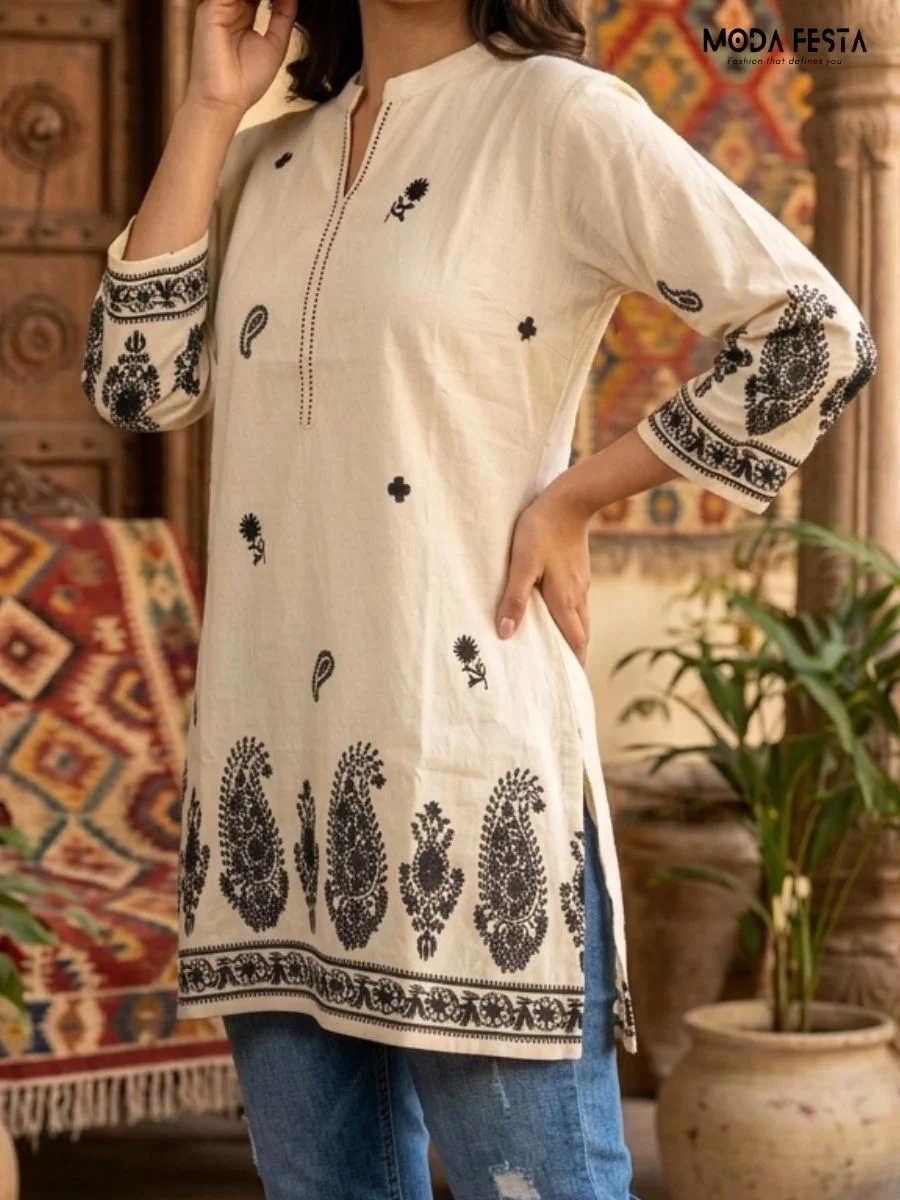 This off-white tunic features a striking black paisley print, offering a sophisticated contrast that brings a modern touch to a classic ethnic design.