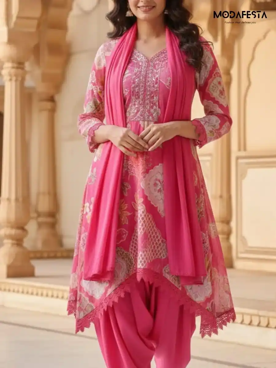 Pink muslin printed plazo set