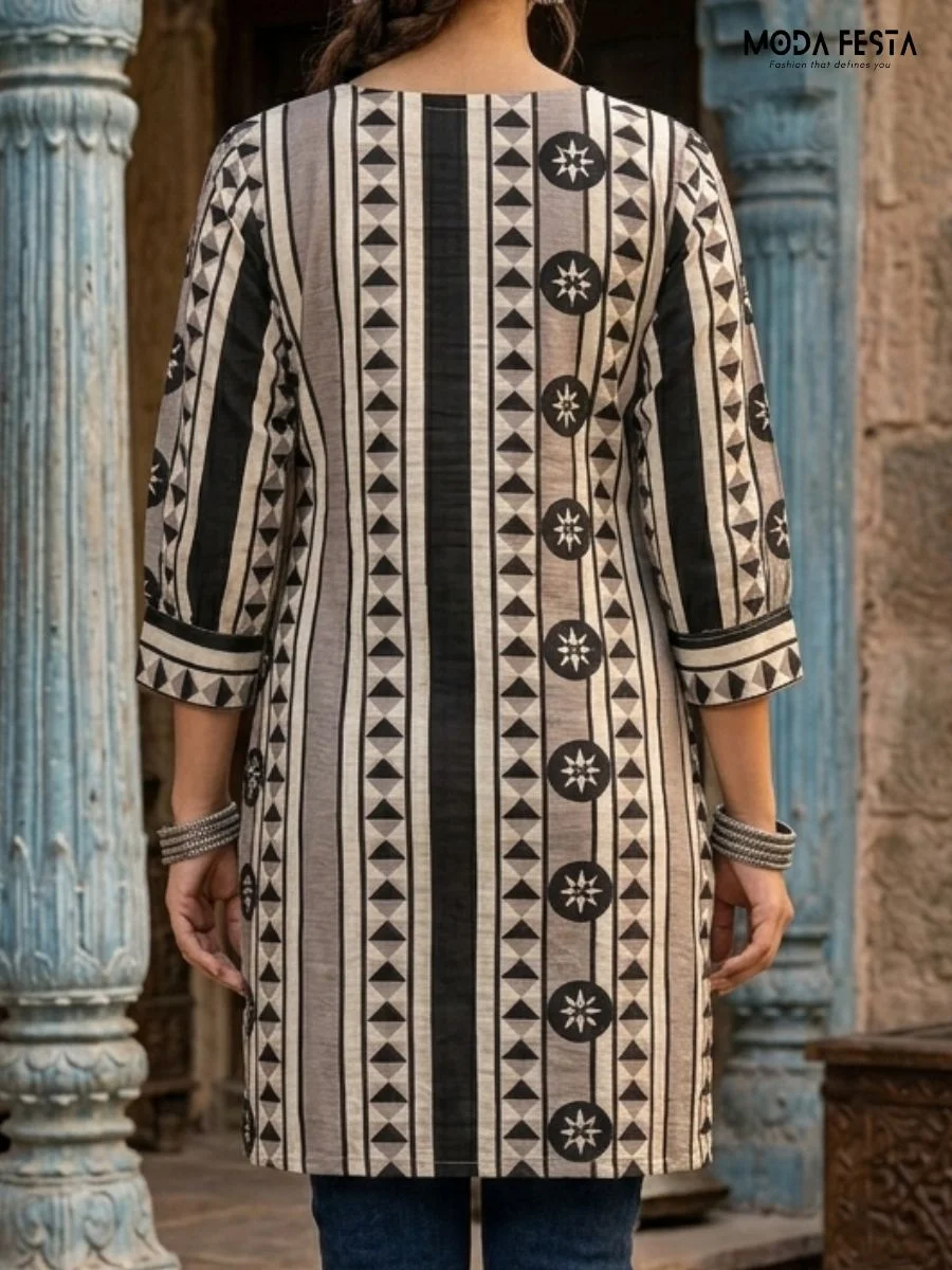 A stylish, monochrome geometric print kurti that perfectly blends modern design with ethnic charm.