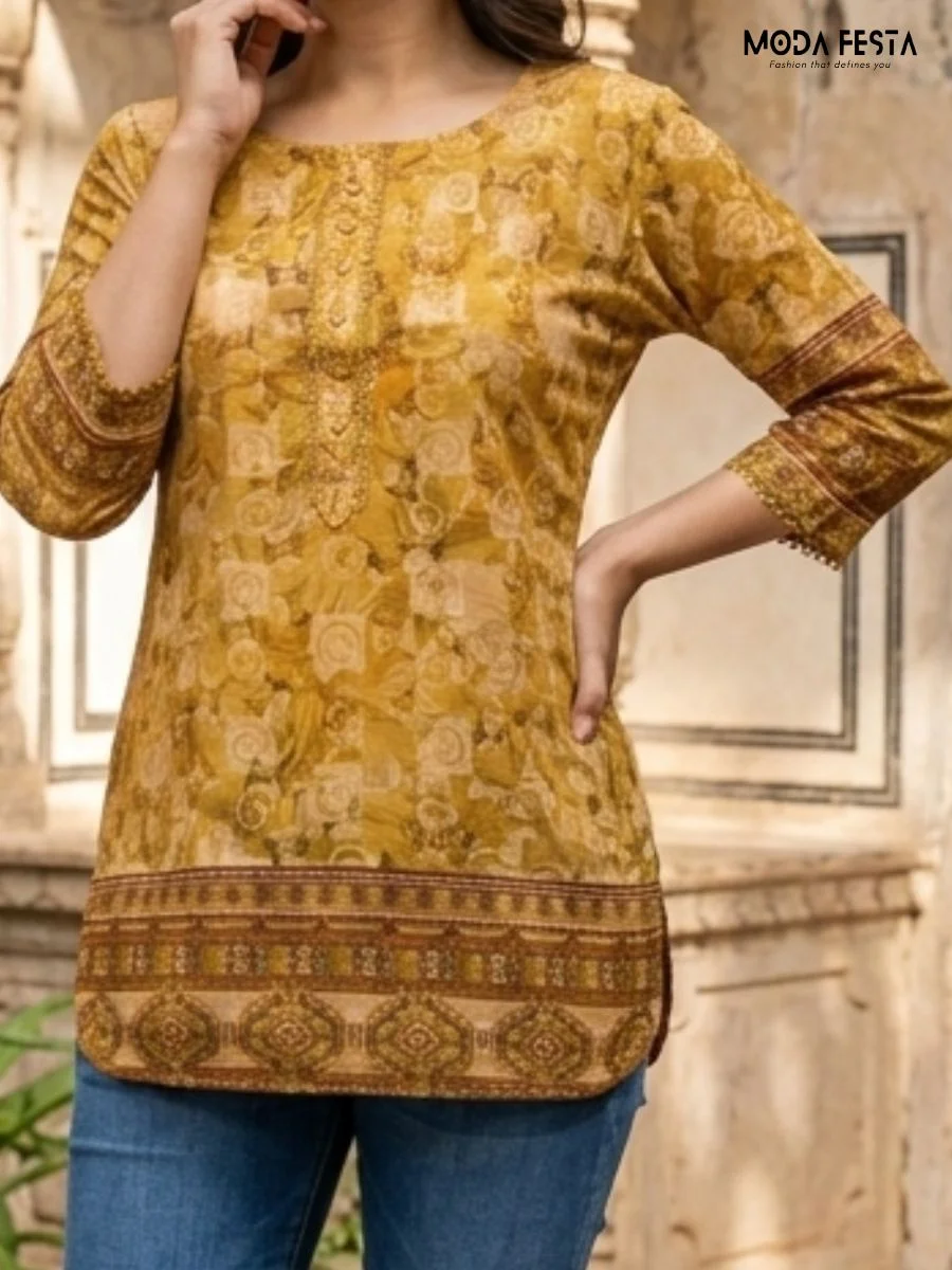 his warm-toned mustard kurti showcases a beautiful blend of geometric and swirl patterns with delicate button detailing
