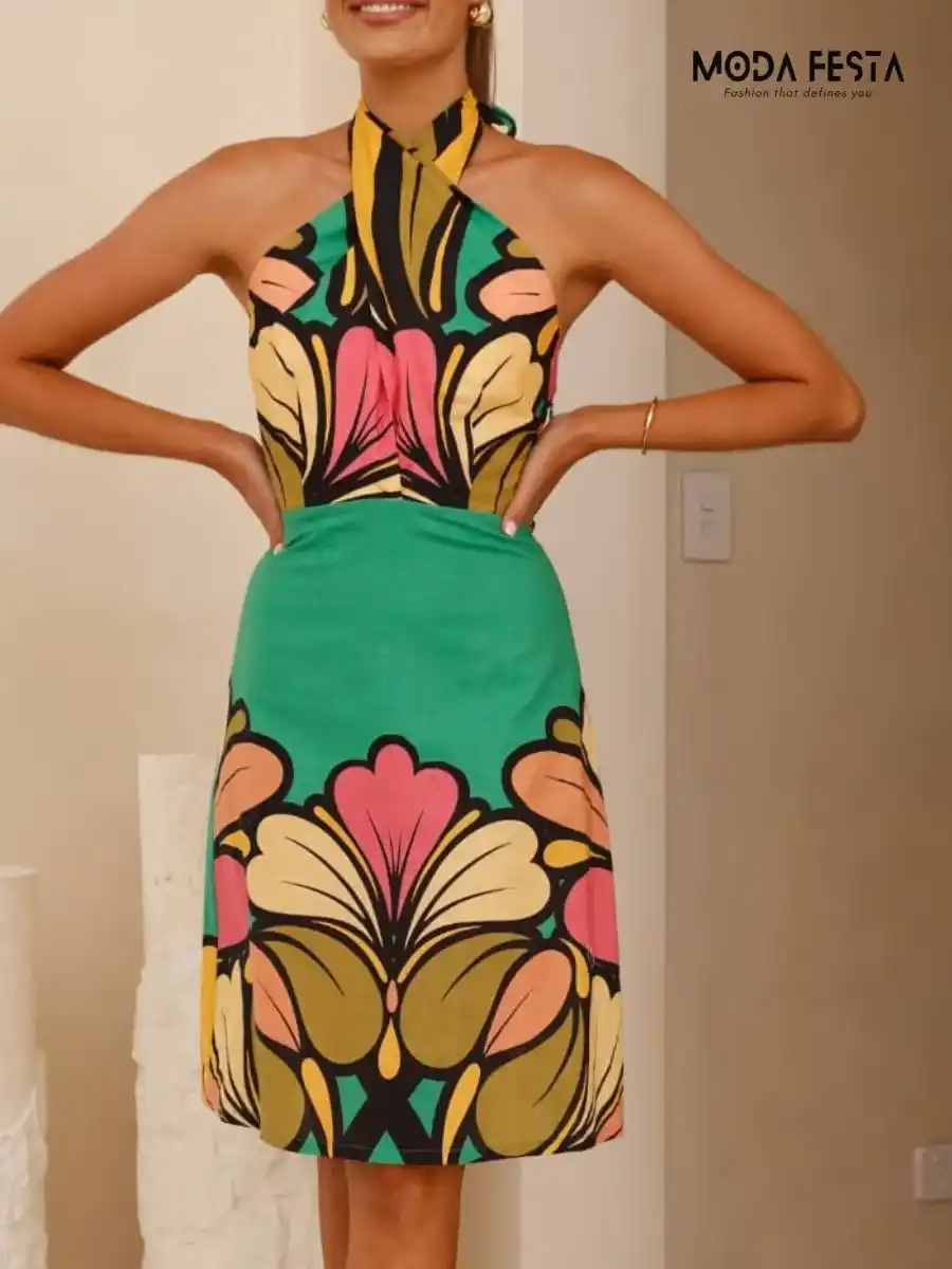 ModaFesta - Halter-neck-printed-floral-dress-green